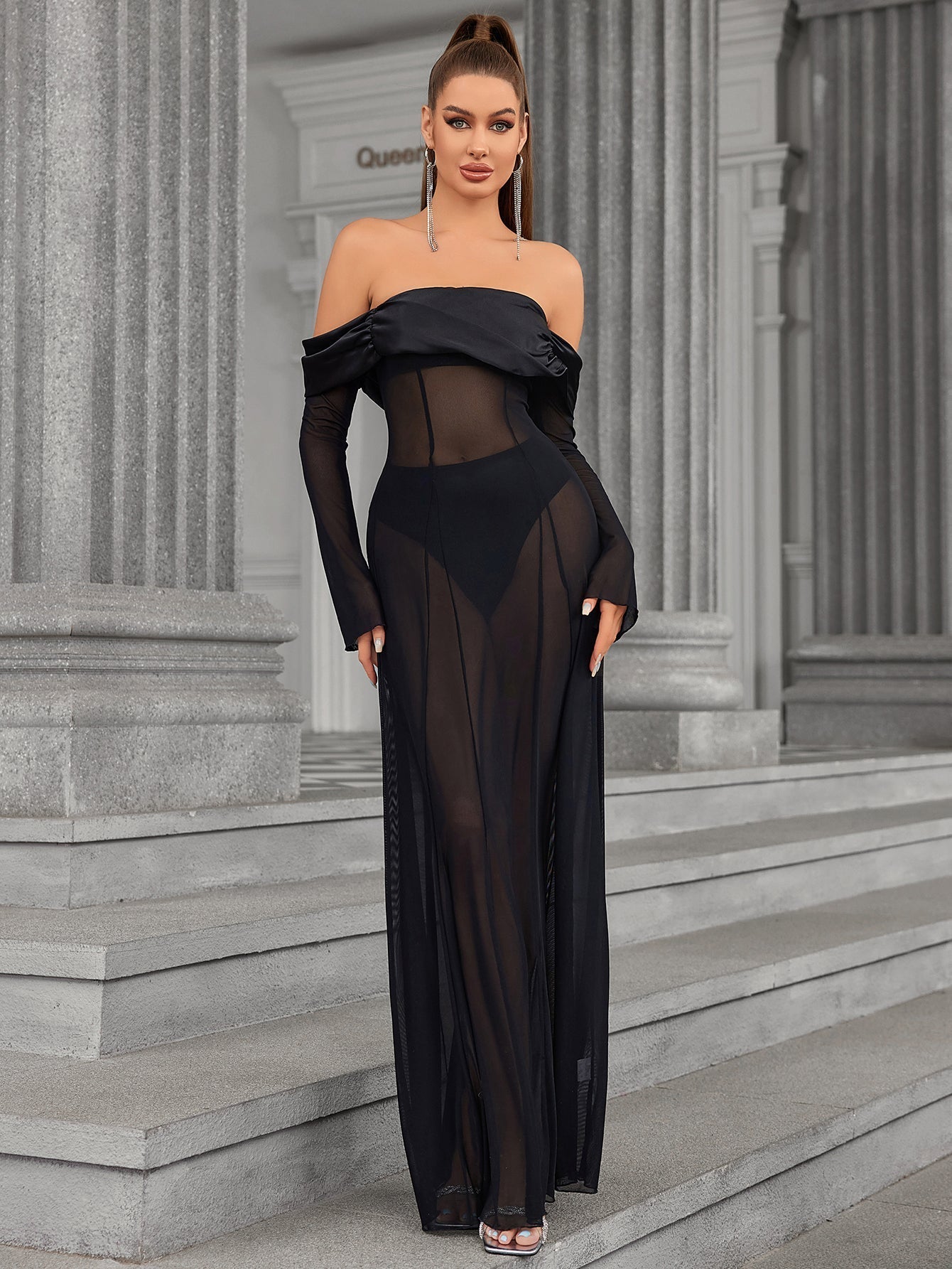 Long Sleeve Off Shoulder Satin Patchwork Mesh Dress - View 3