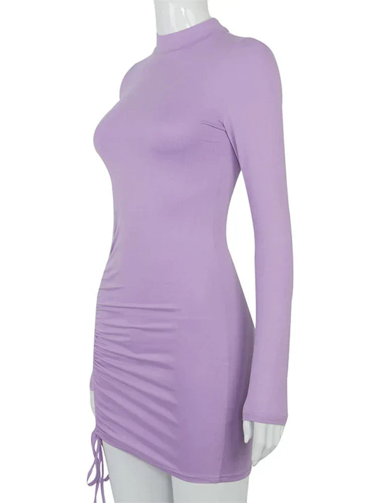 Long Sleeve Ruched Turtleneck Bandage Autumn Black Stretchy Midi Dresses 6