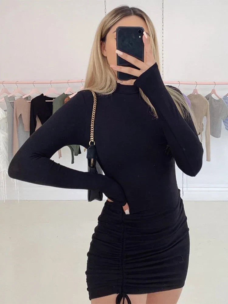 Long Sleeve Ruched Turtleneck Bandage Autumn Black Stretchy Midi Dresses 5