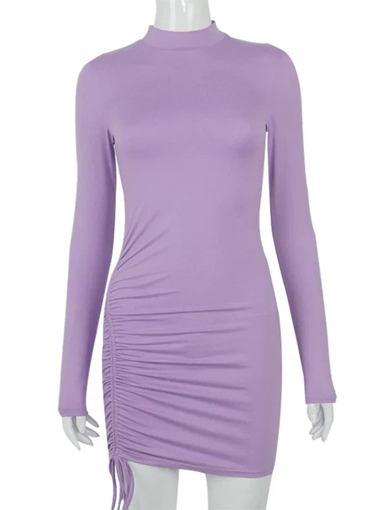 Mock Neck Long Sleeve Drawstring Ruched Side Bodycon Mini Dress