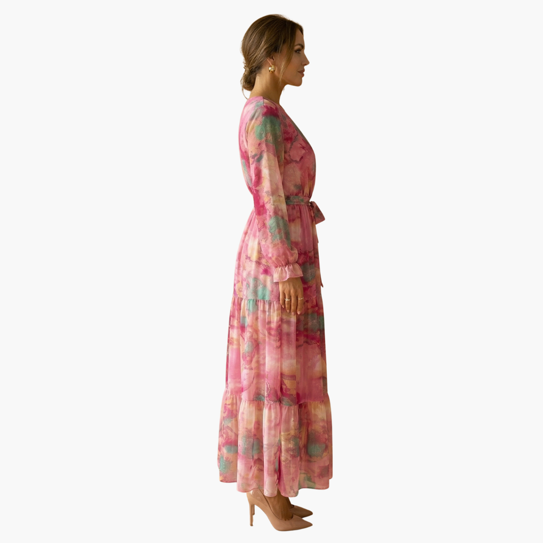 Floral Chiffon V-Neck Long Sleeve Tiered Maxi Dress 3
