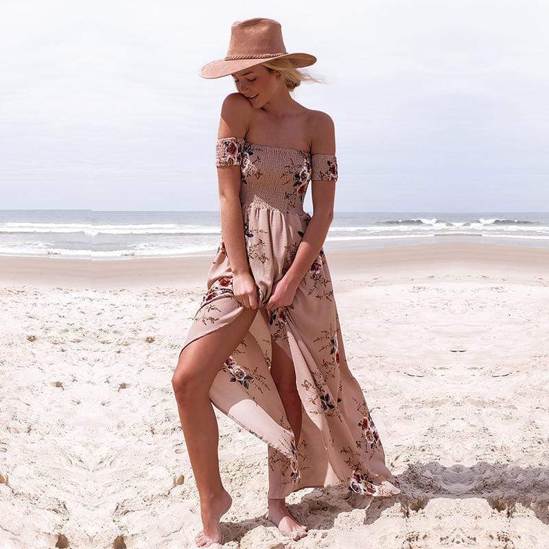 Floral Off Shoulder Smocked High Split Maxi Dress Summer 2
