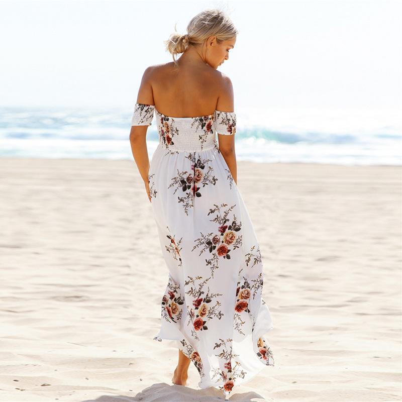 Floral Off Shoulder Smocked High Split Maxi Dress Summer 6