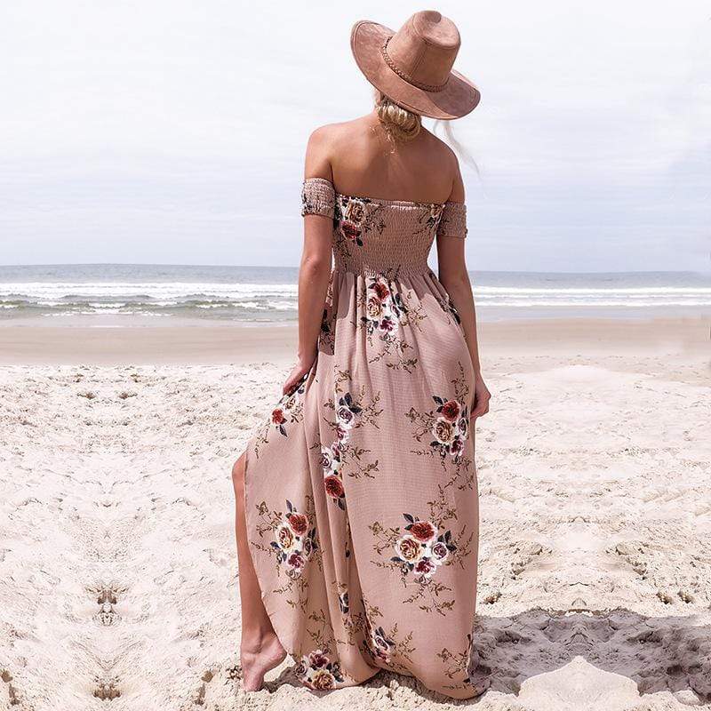 Floral Off Shoulder Smocked High Split Maxi Dress Summer 8