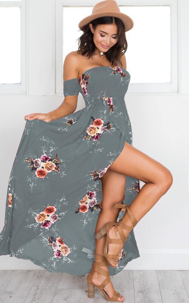 Floral Off Shoulder Smocked High Split Maxi Dress Summer 10