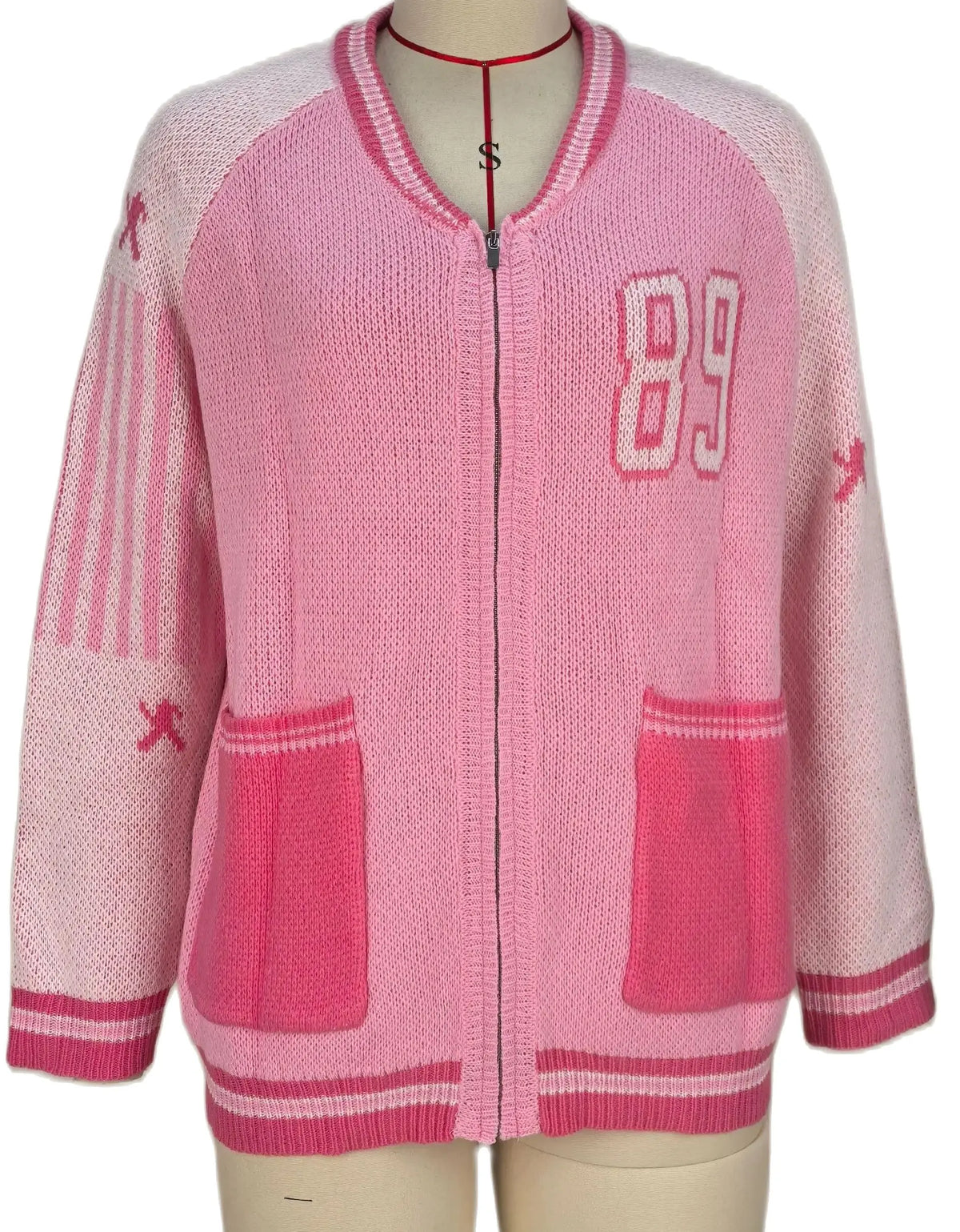 Varsity Number Zip Front Patch Pocket Chunky Knit Bomber Cardigan 3