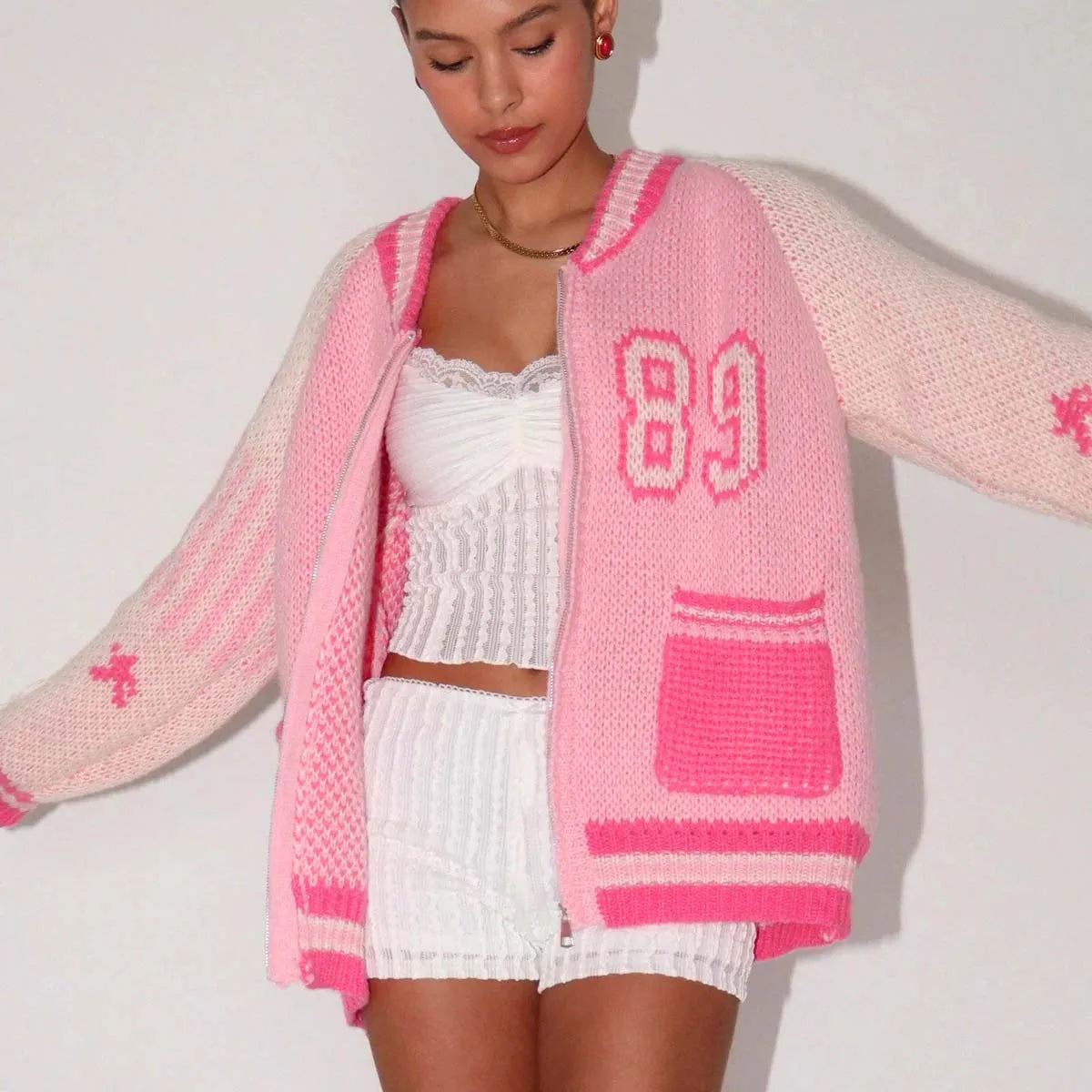 Varsity Number Zip Front Patch Pocket Chunky Knit Bomber Cardigan