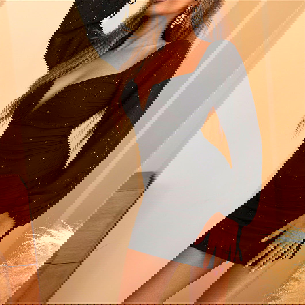 Long Sleeve Deep V Plunge Plunge Dress Tight Black Hip