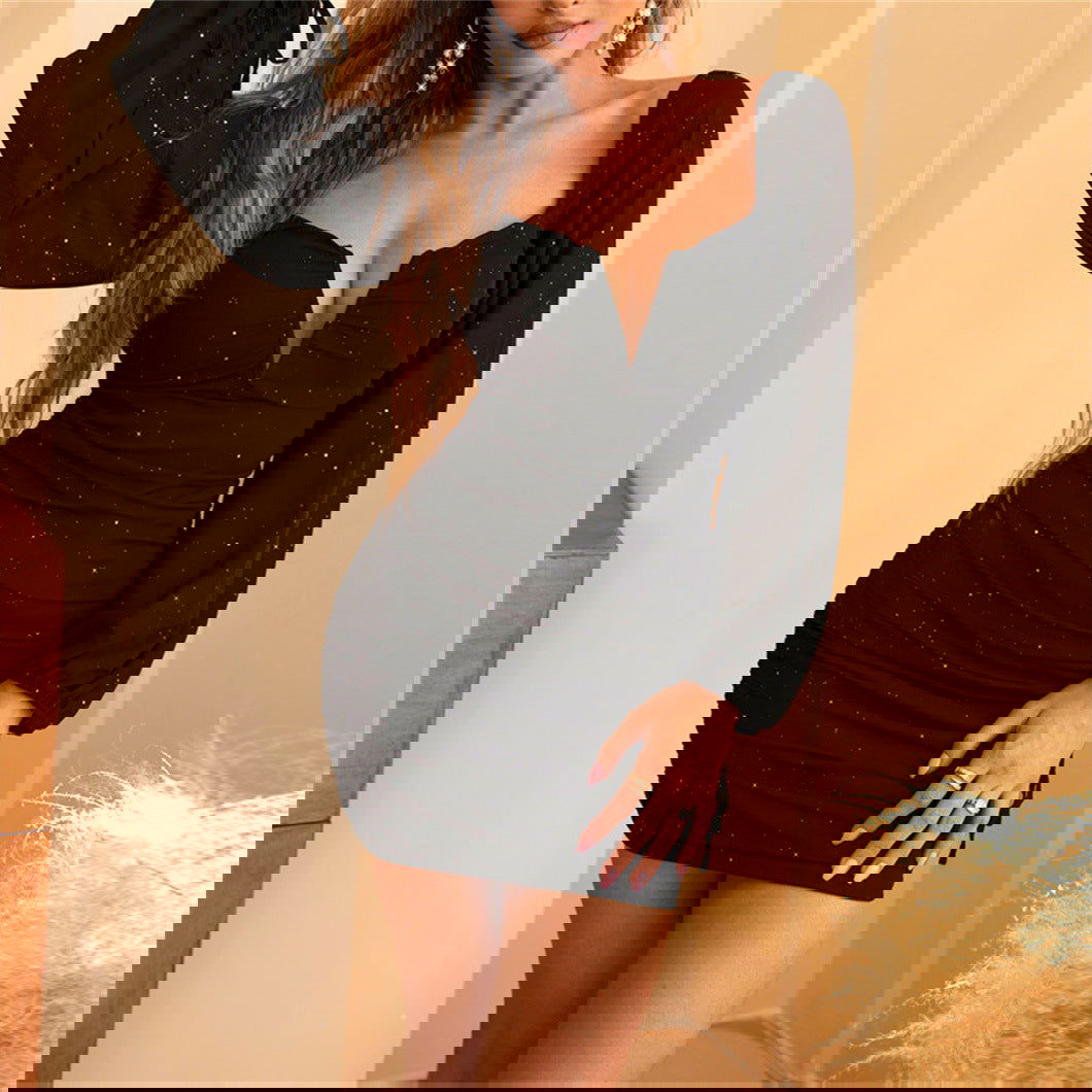 Long Sleeve Deep V Plunge Plunge Dress Tight Black Hip