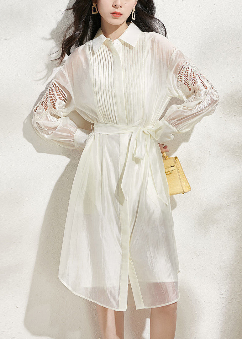 Sheer Pintuck Eyelet Sleeve Tie Waist Shirt Dress