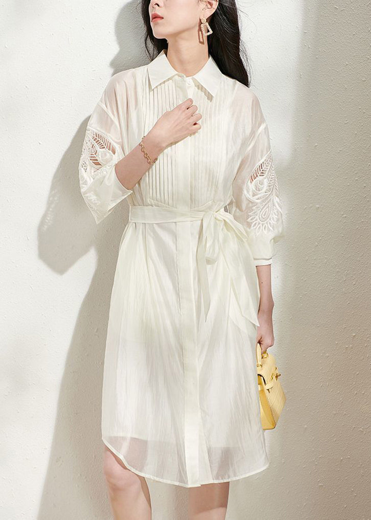 Sheer Pintuck Eyelet Sleeve Tie Waist Shirt Dress