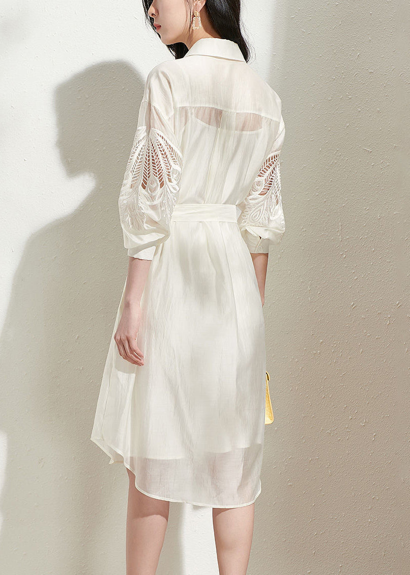 Sheer Pintuck Eyelet Sleeve Tie Waist Shirt Dress