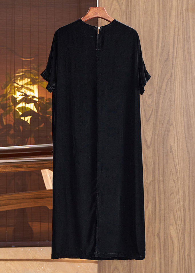 Velvet Floral Branch Embroidery Round Neck Short Sleeve Shift Midi Dress
