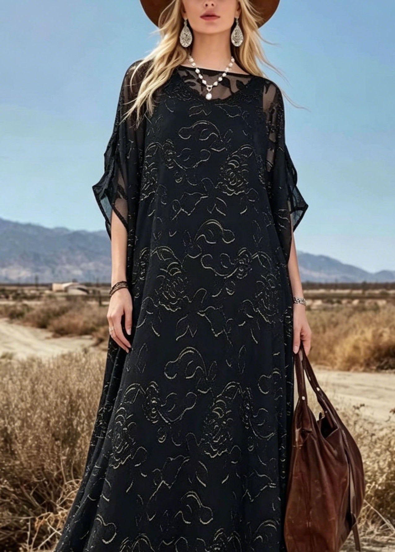 Loose Black O Neck Print Chiffon Maxi Dresses Summer - View 2
