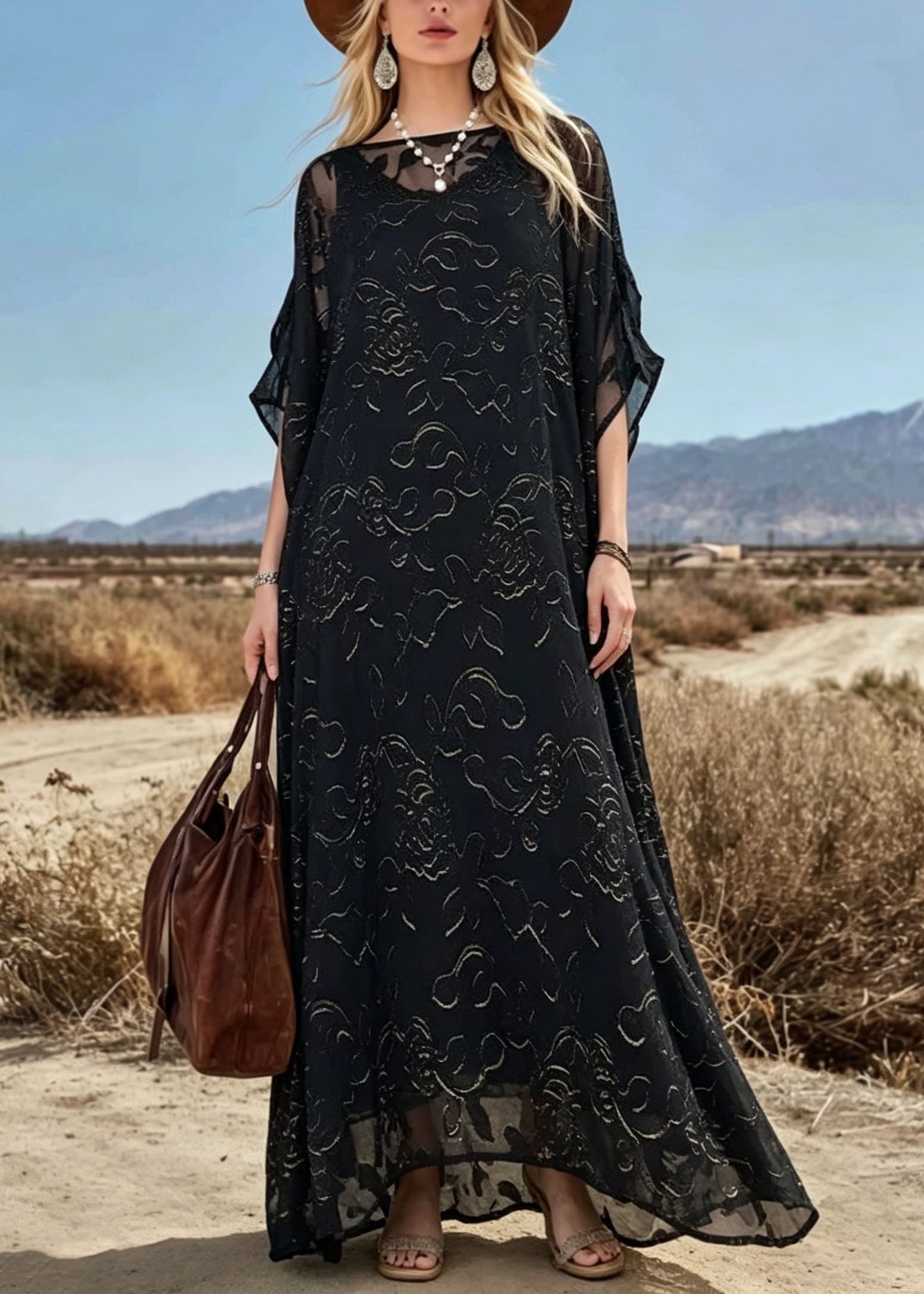 Loose Black O Neck Print Chiffon Maxi Dresses Summer - View 3