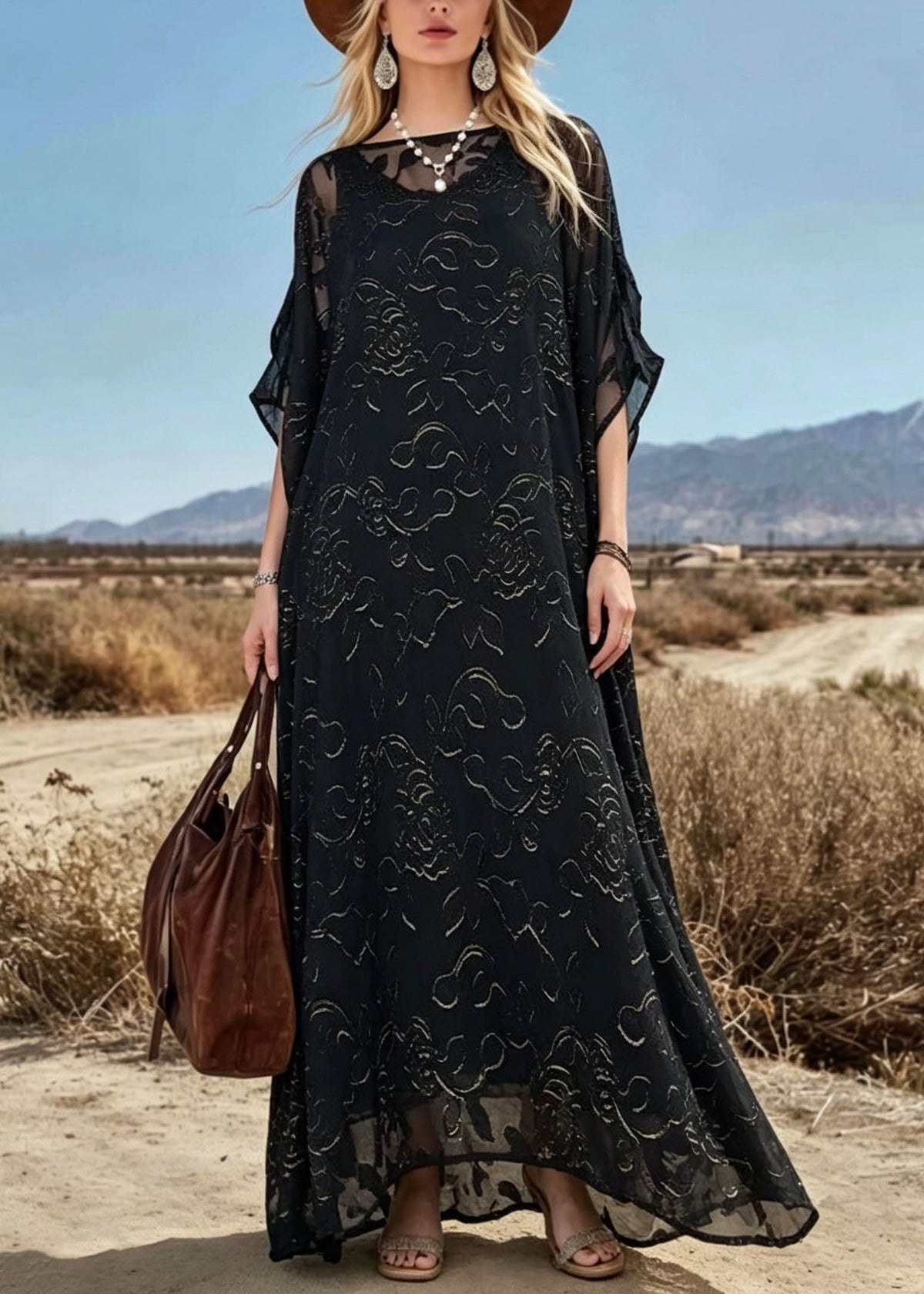 Sheer Embroidered Round Neck Batwing Sleeve Loose Kaftan Maxi Dress 3