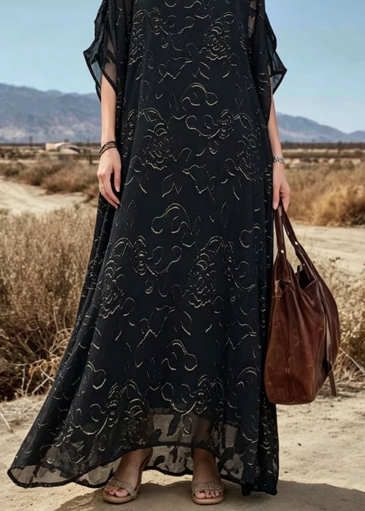 Loose Black O Neck Print Chiffon Maxi Dresses Summer - View 4