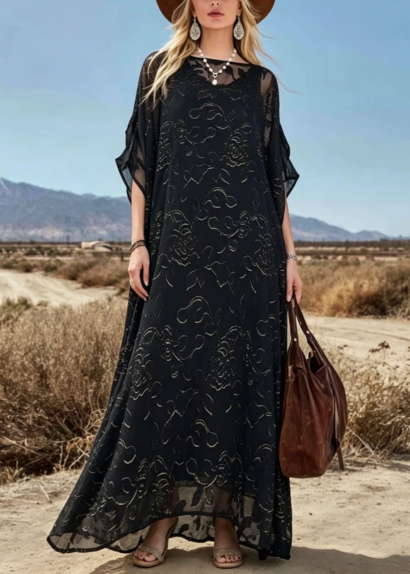 Loose Black O Neck Print Chiffon Maxi Dresses Summer - View 5