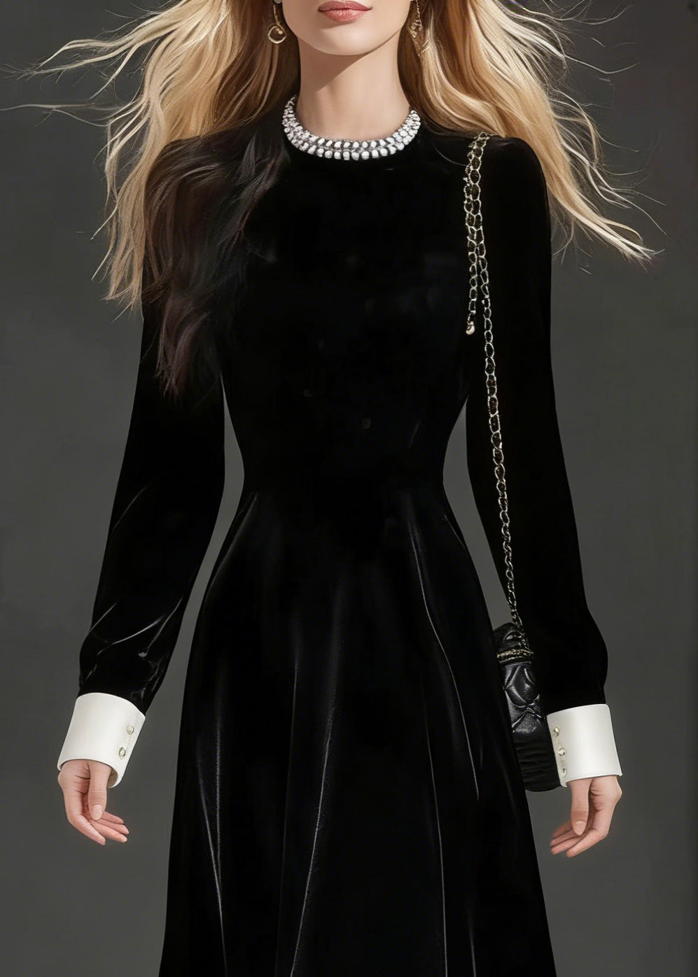 Crew Neck Contrast Cuff Long Sleeve Velvet A-Line Party Dress
