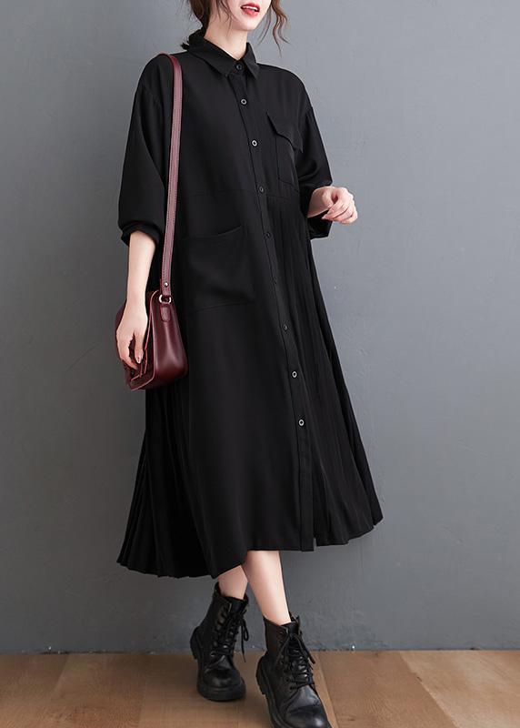 Loose Black Tunic Dress Lapel large hem Kaftan Spring Dress
