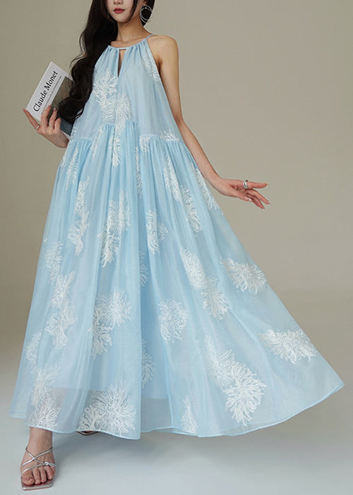 Floral Embroidered Halter Neck Keyhole Gathered Tiered Sheer Overlay Maxi Dress