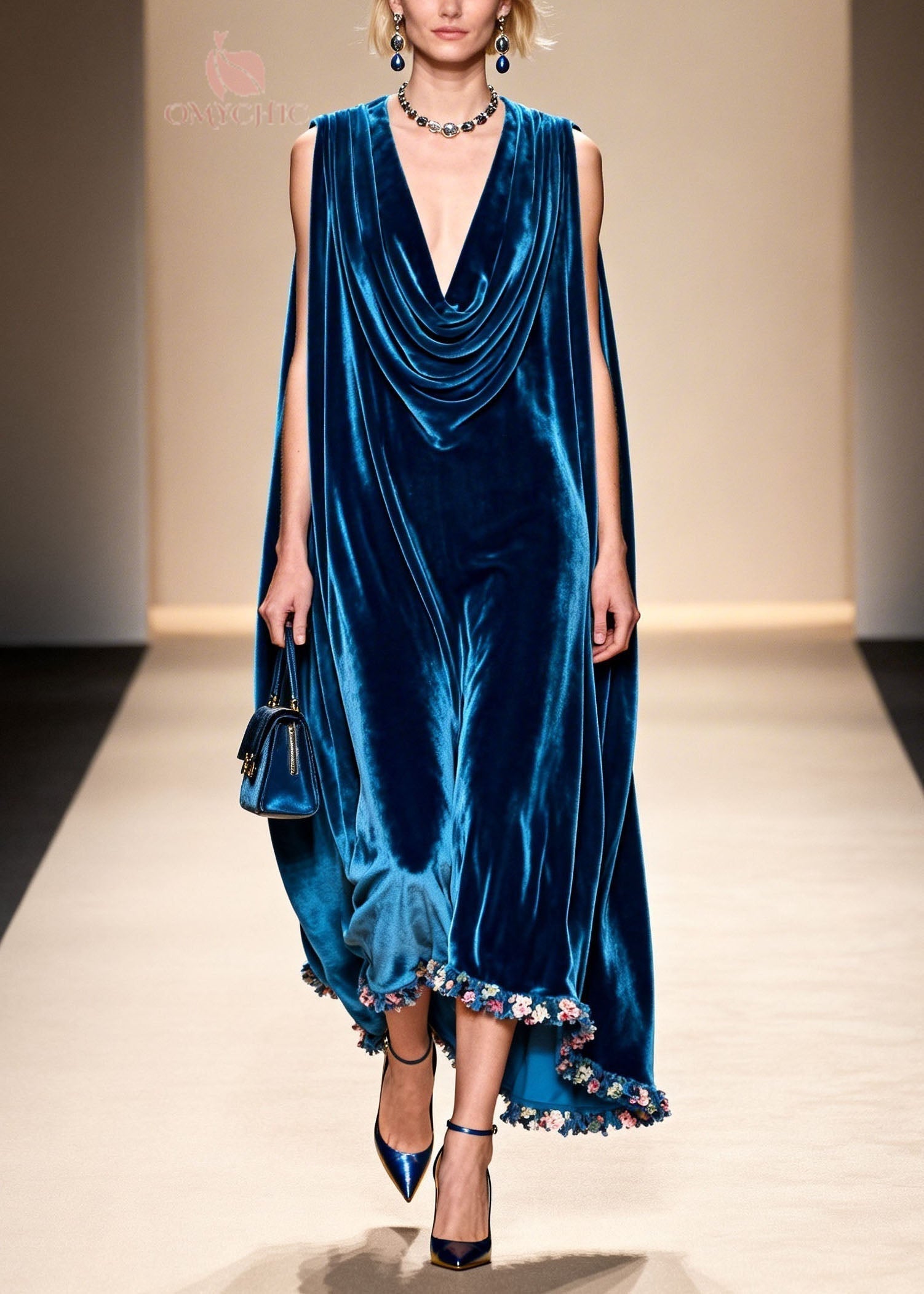 Velvet Cowl Neck Sleeveless Floral Applique Hem Maxi Gown