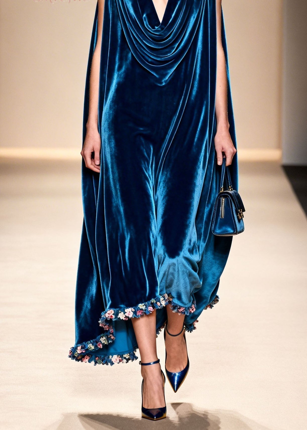 Velvet Cowl Neck Sleeveless Floral Applique Hem Maxi Gown