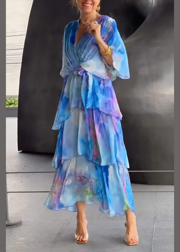 Loose Blue Layered Ruffled Print Chiffon Dress Butterfly Sleeve 2