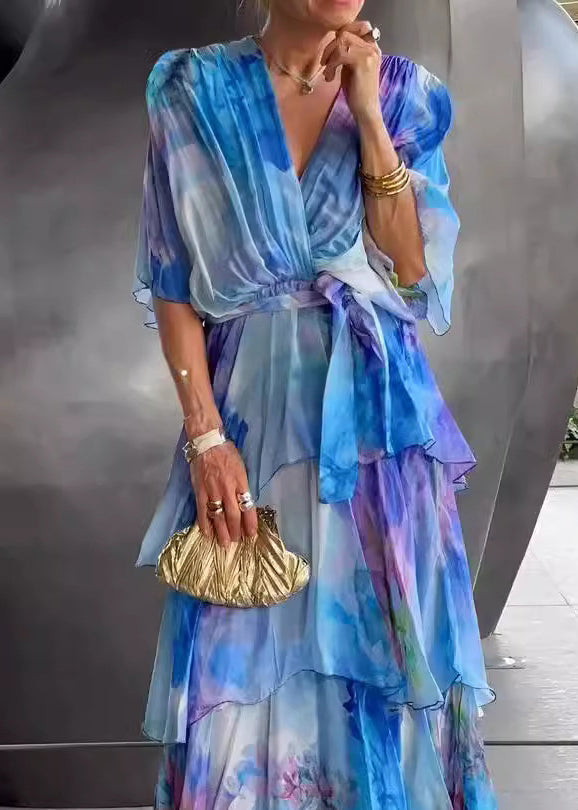 Loose Blue Layered Ruffled Print Chiffon Dress Butterfly Sleeve 4