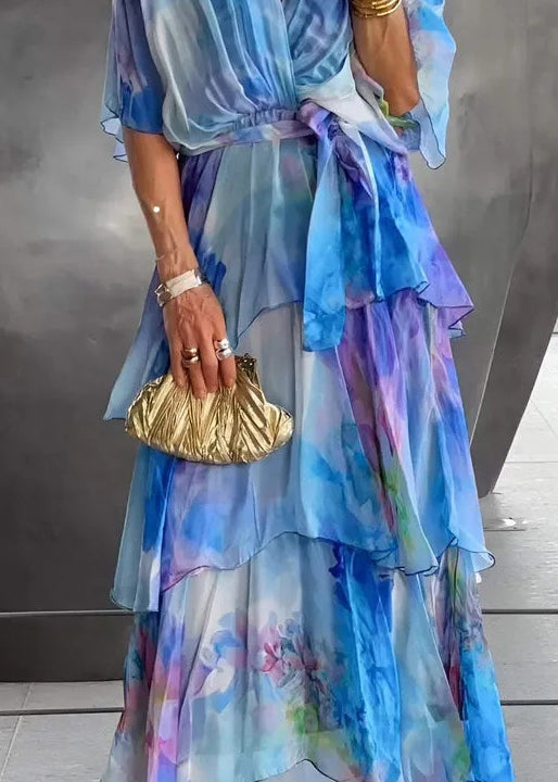 Loose Blue Layered Ruffled Print Chiffon Dress Butterfly Sleeve 5