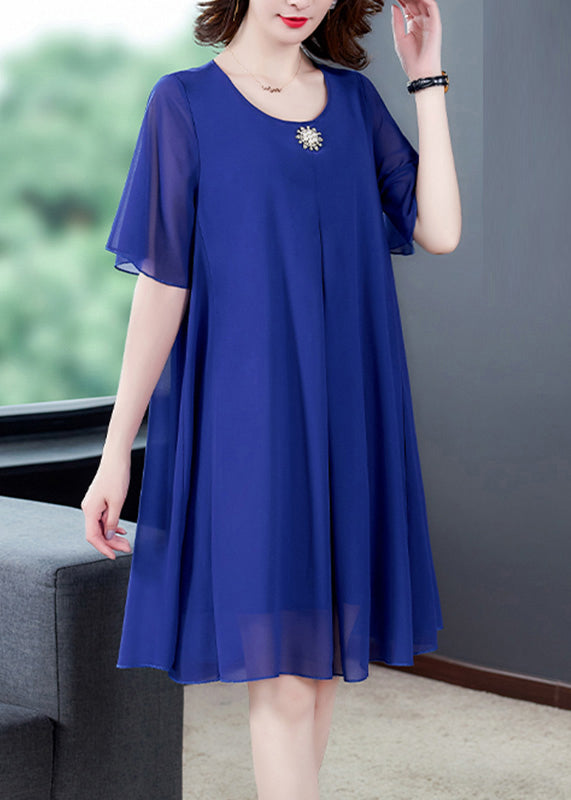 Chiffon Round Neck Rhinestone Brooch Flutter Sleeve Pleated Knee Length Dress