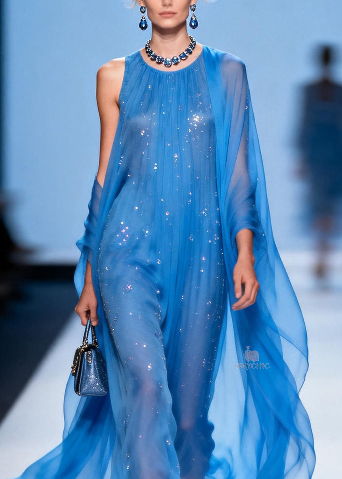 Rhinestone Scatter Round Neck Sheer Cape Train Chiffon Maxi Gown