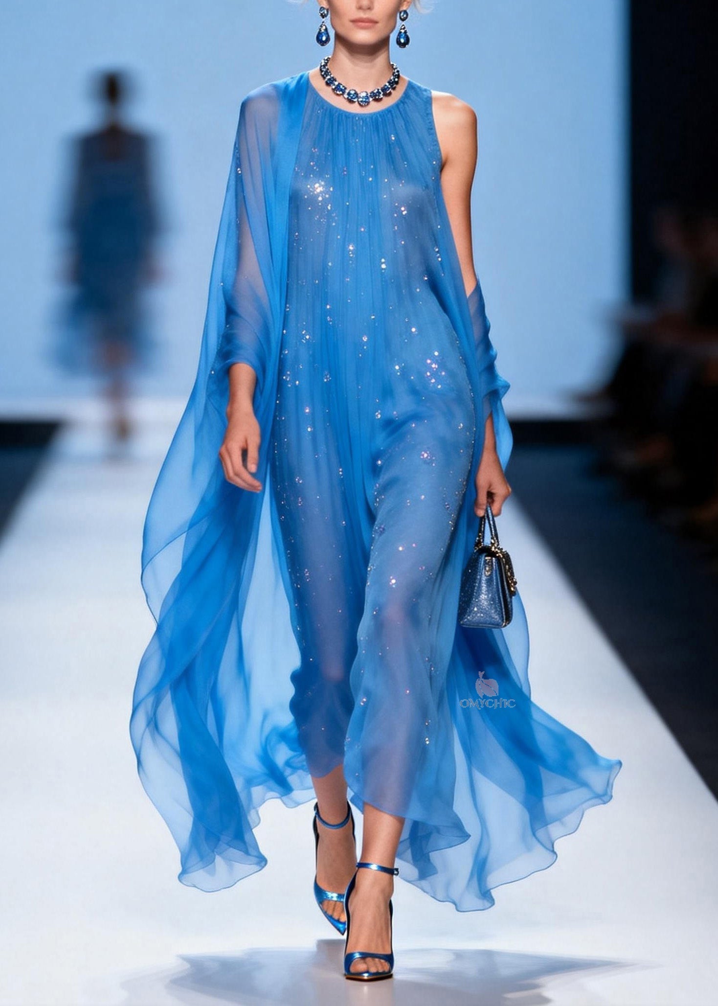Rhinestone Scatter Round Neck Sheer Cape Train Chiffon Maxi Gown