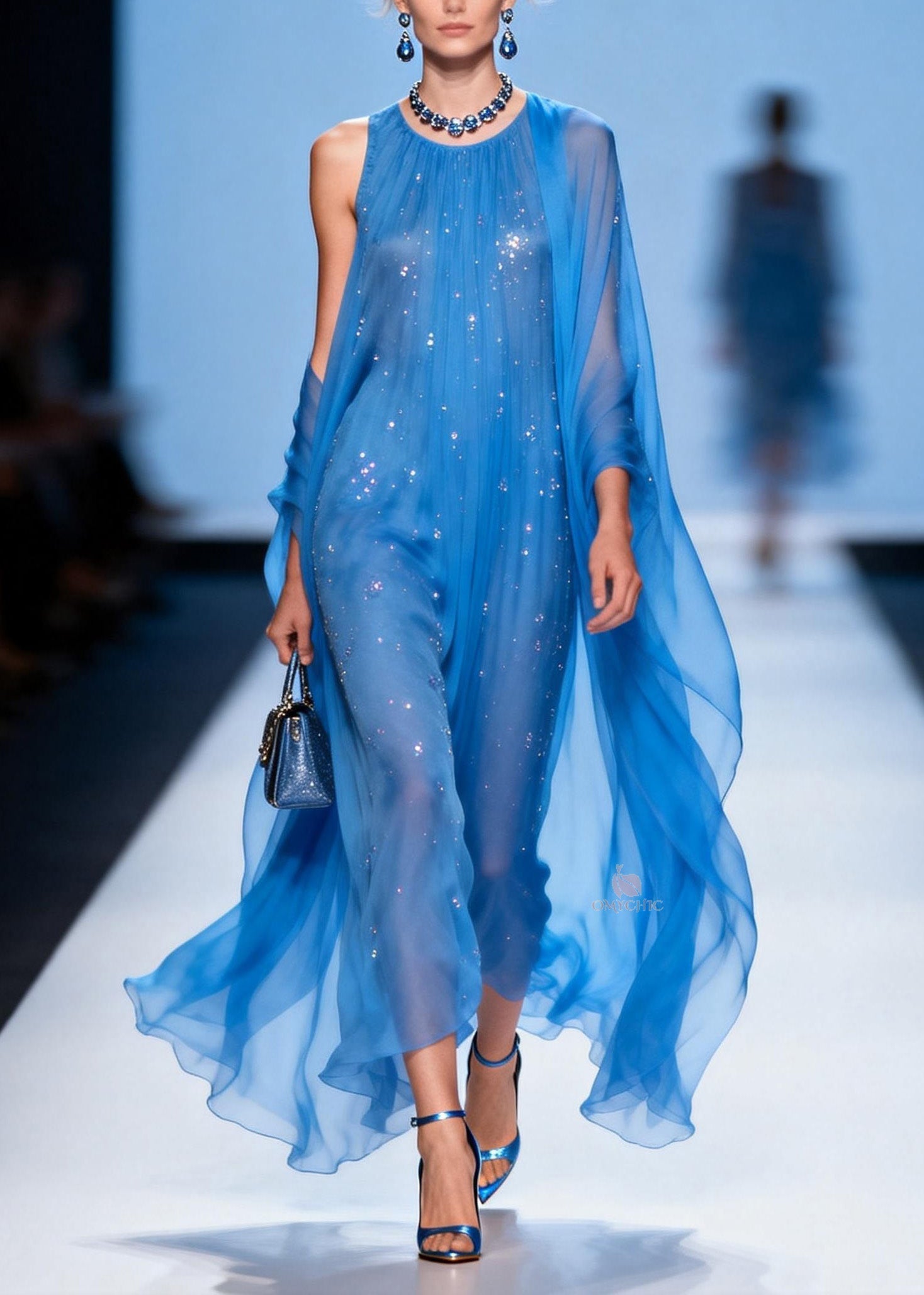 Rhinestone Scatter Round Neck Sheer Cape Train Chiffon Maxi Gown