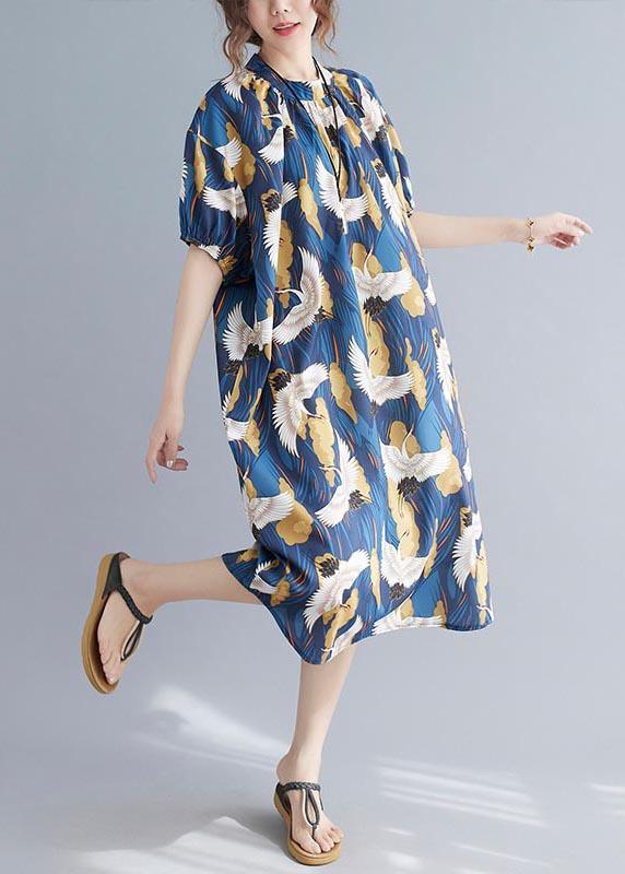 Loose Blue Print Cotton O-Neck Loose Summer Mid Dress ( Limited Stock)