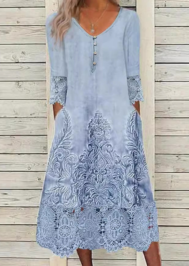 Damask Print V-Neck Lace Trim Three Quarter Sleeve Pocket A-Line Midi Dress