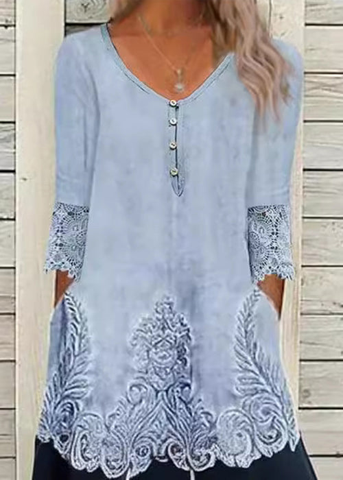 Damask Print V-Neck Lace Trim Three Quarter Sleeve Pocket A-Line Midi Dress