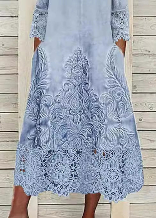 Damask Print V-Neck Lace Trim Three Quarter Sleeve Pocket A-Line Midi Dress
