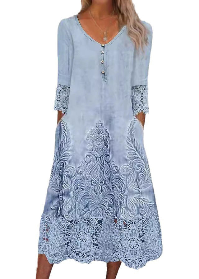 Damask Print V-Neck Lace Trim Three Quarter Sleeve Pocket A-Line Midi Dress