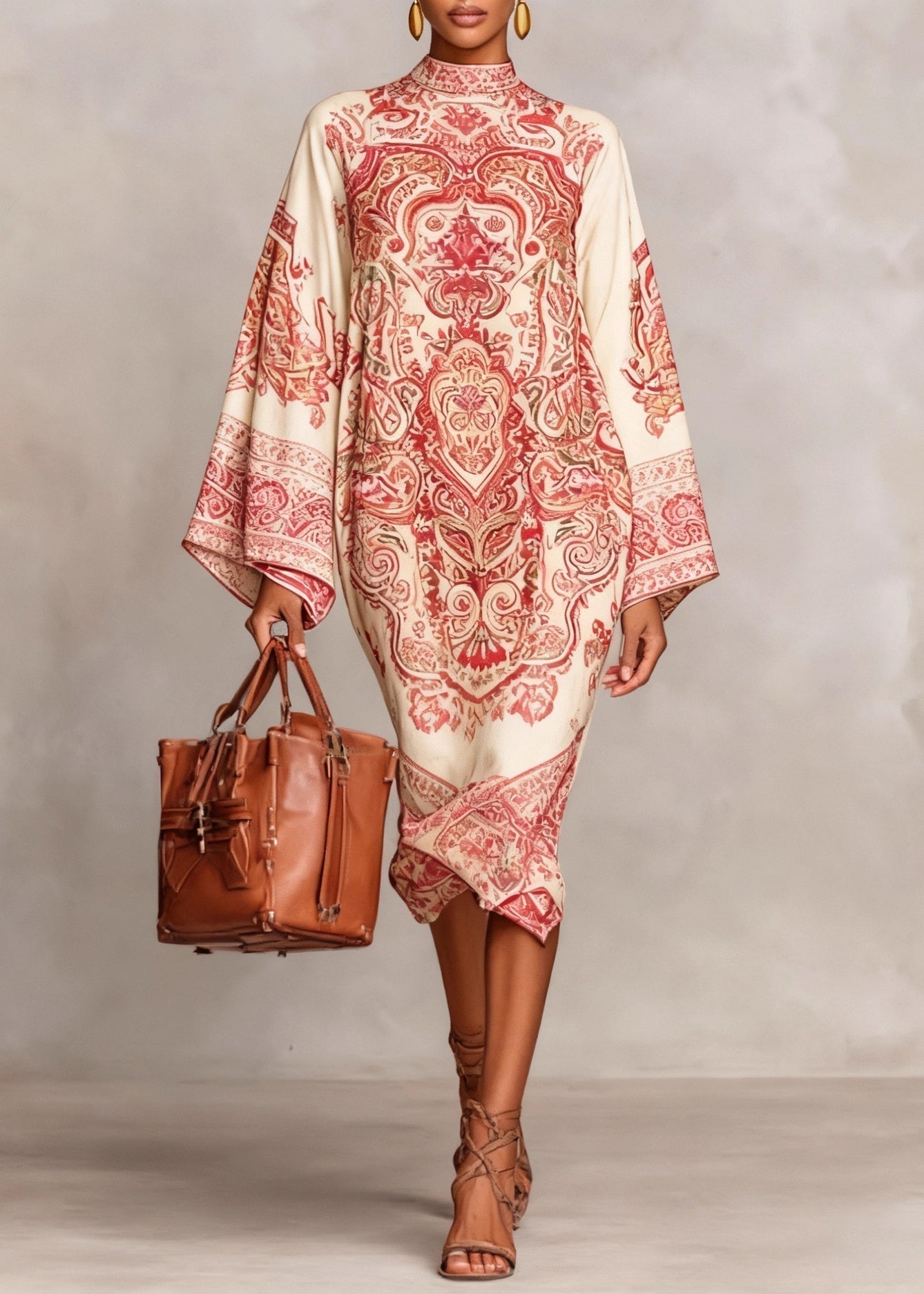 Mock Neck Bell Sleeve Marble Print Shift Midi Dress