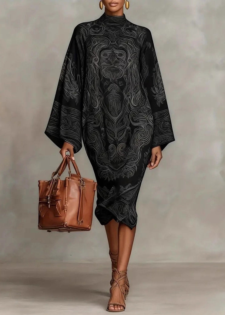 Mock Neck Bell Sleeve Marble Print Shift Midi Dress