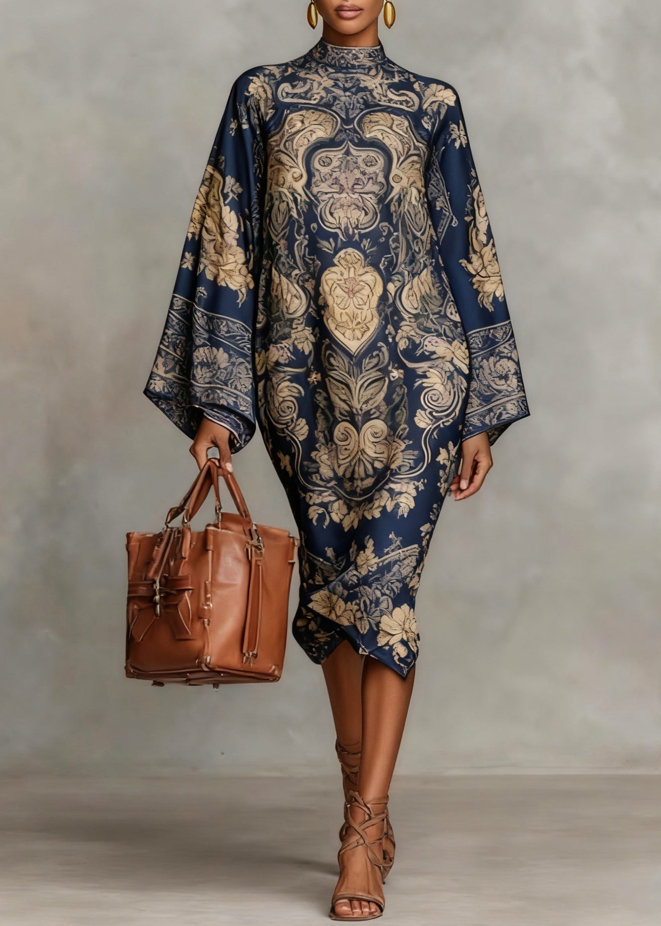 Mock Neck Bell Sleeve Marble Print Shift Midi Dress