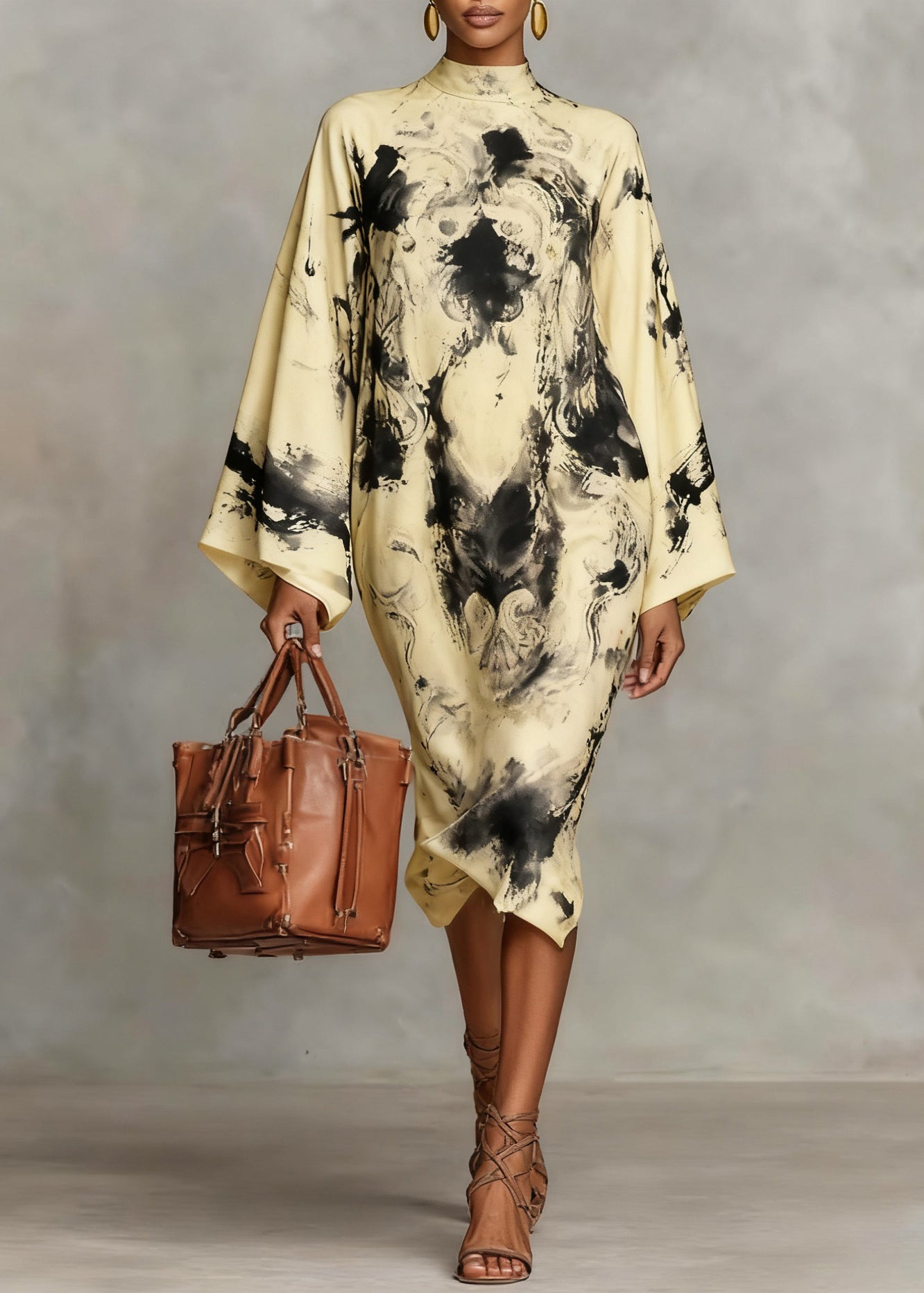 Mock Neck Bell Sleeve Marble Print Shift Midi Dress