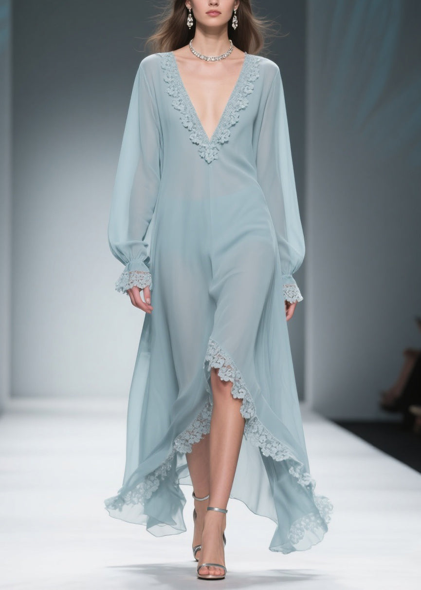 Chiffon Deep V-Neck Bishop Sleeve Lace Trim Sheer High Low Maxi Gown