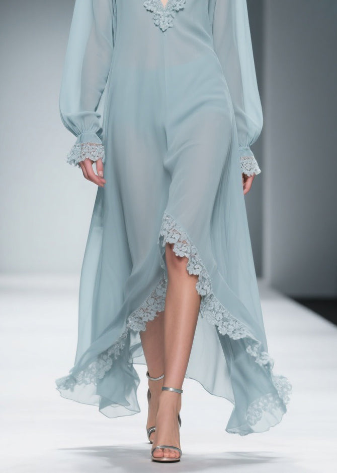 Chiffon Deep V-Neck Bishop Sleeve Lace Trim Sheer High Low Maxi Gown