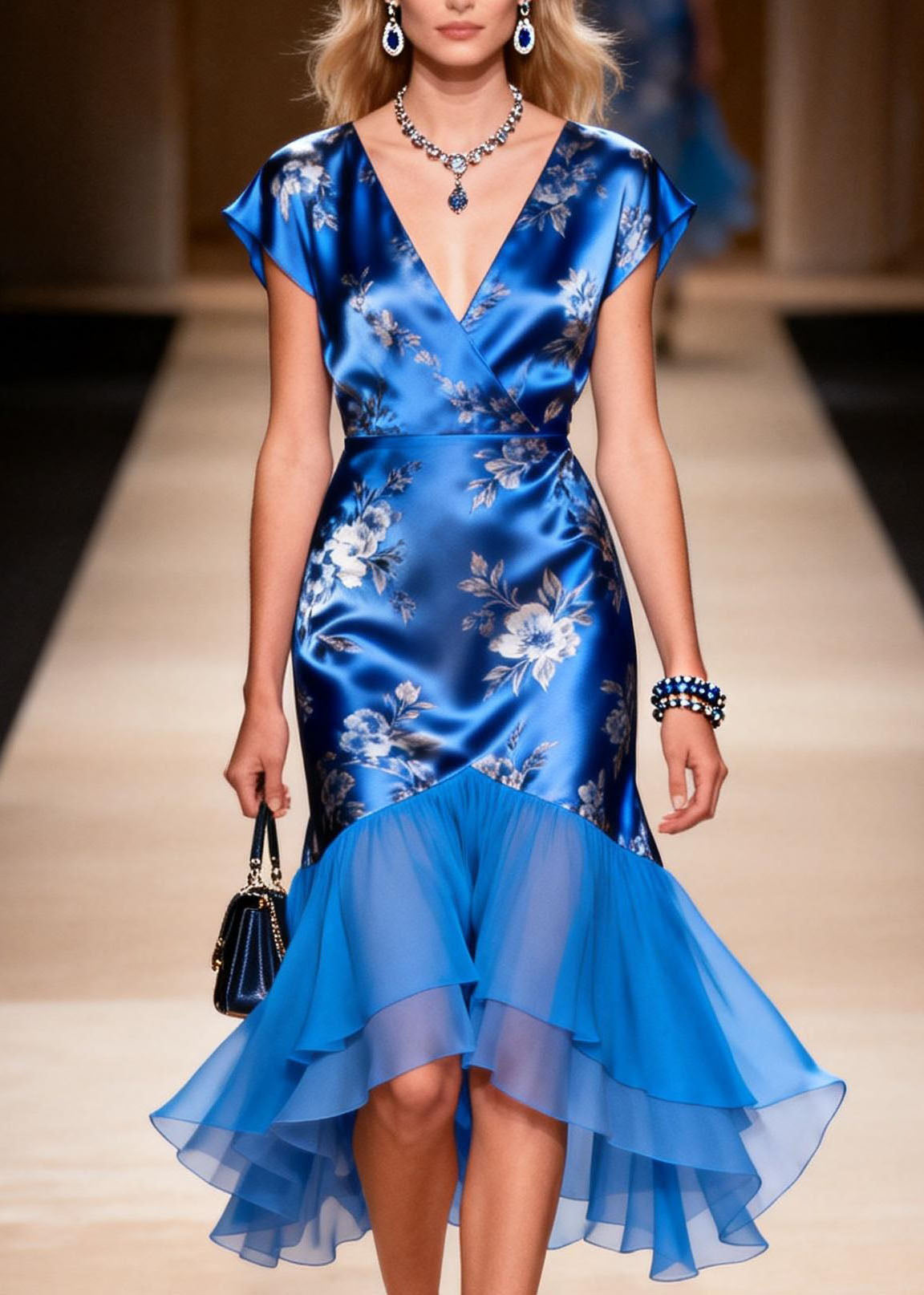Floral Print Satin Wrap V-Neck Cap Sleeve Tiered Ruffle High Low Cocktail Dress