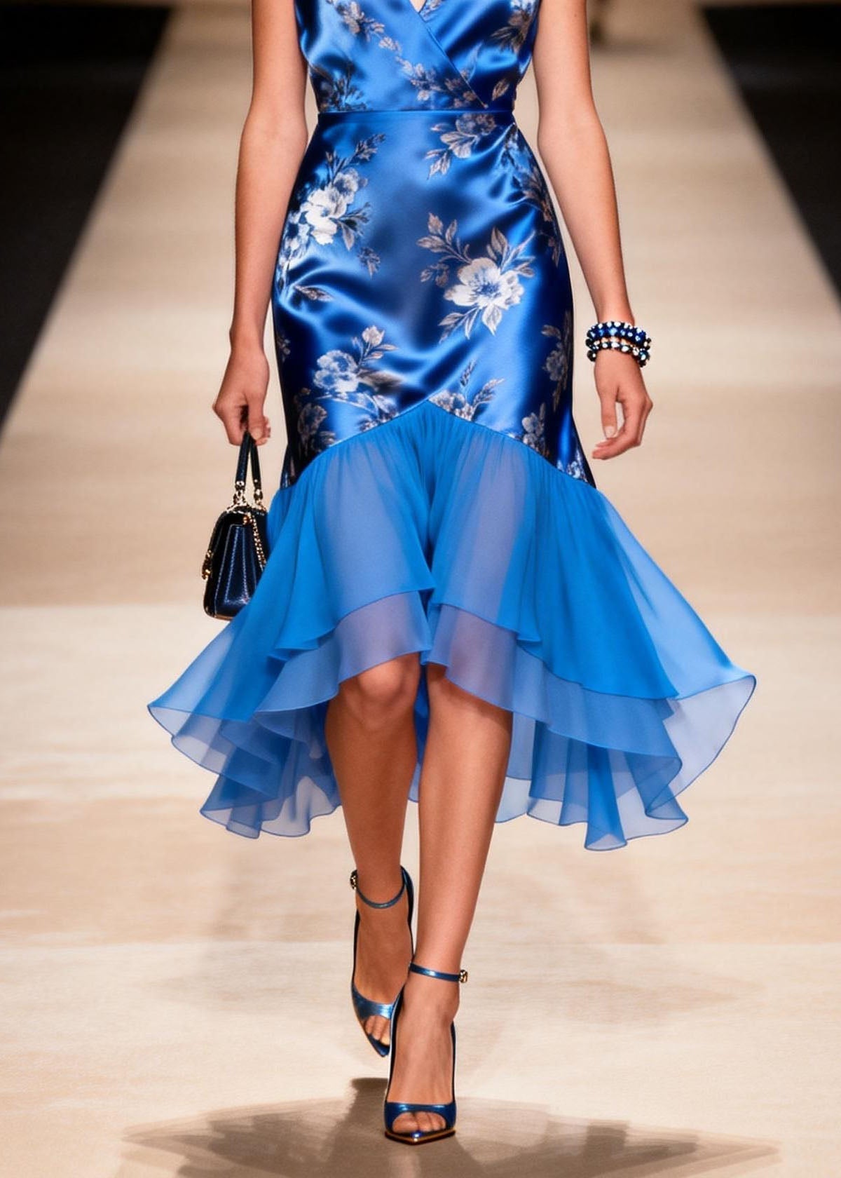 Floral Print Satin Wrap V-Neck Cap Sleeve Tiered Ruffle High Low Cocktail Dress