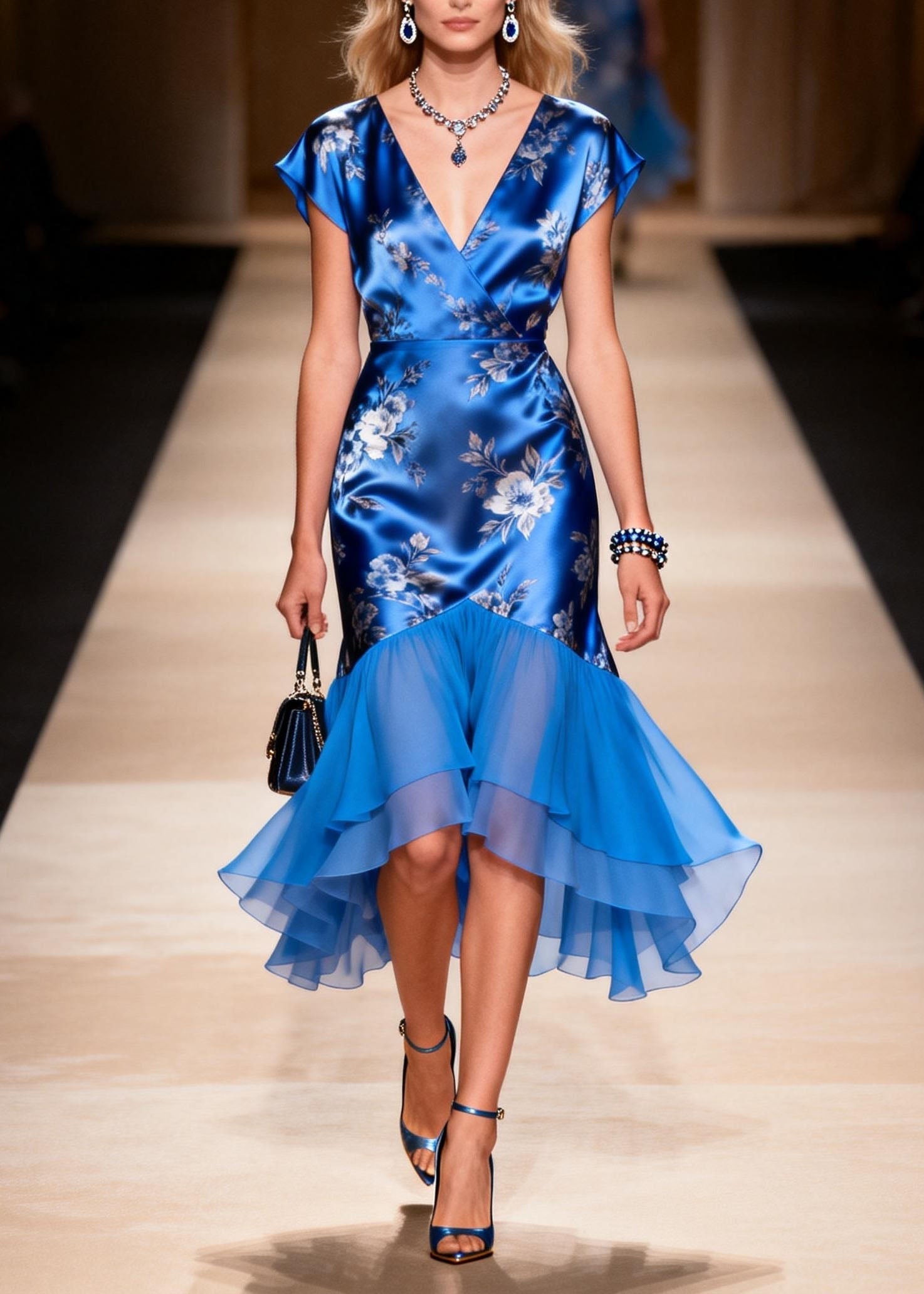 Floral Print Satin Wrap V-Neck Cap Sleeve Tiered Ruffle High Low Cocktail Dress