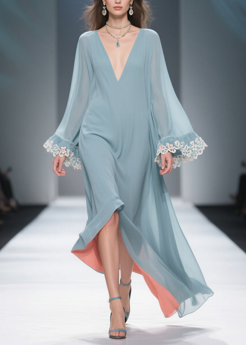 Loose Blue V Neck Solid Chiffon Maxi Dresses Flare Sleeve 3