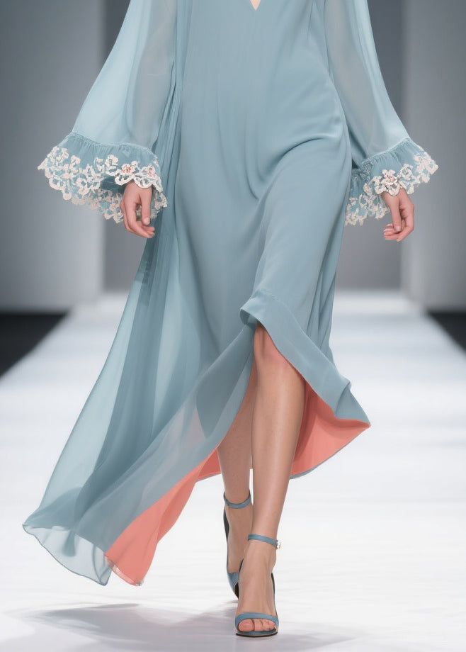 Loose Blue V Neck Solid Chiffon Maxi Dresses Flare Sleeve 4